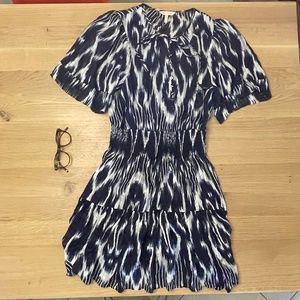 Rebecca Taylor 100% Silk Ikat flutter smocked waist dress